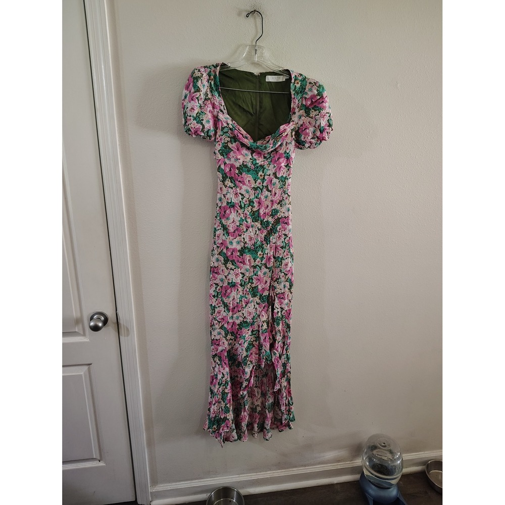 ASTR The Label Floral Cowl Neck Puff Sleeve Open Back Midi Dress Pink Green XS